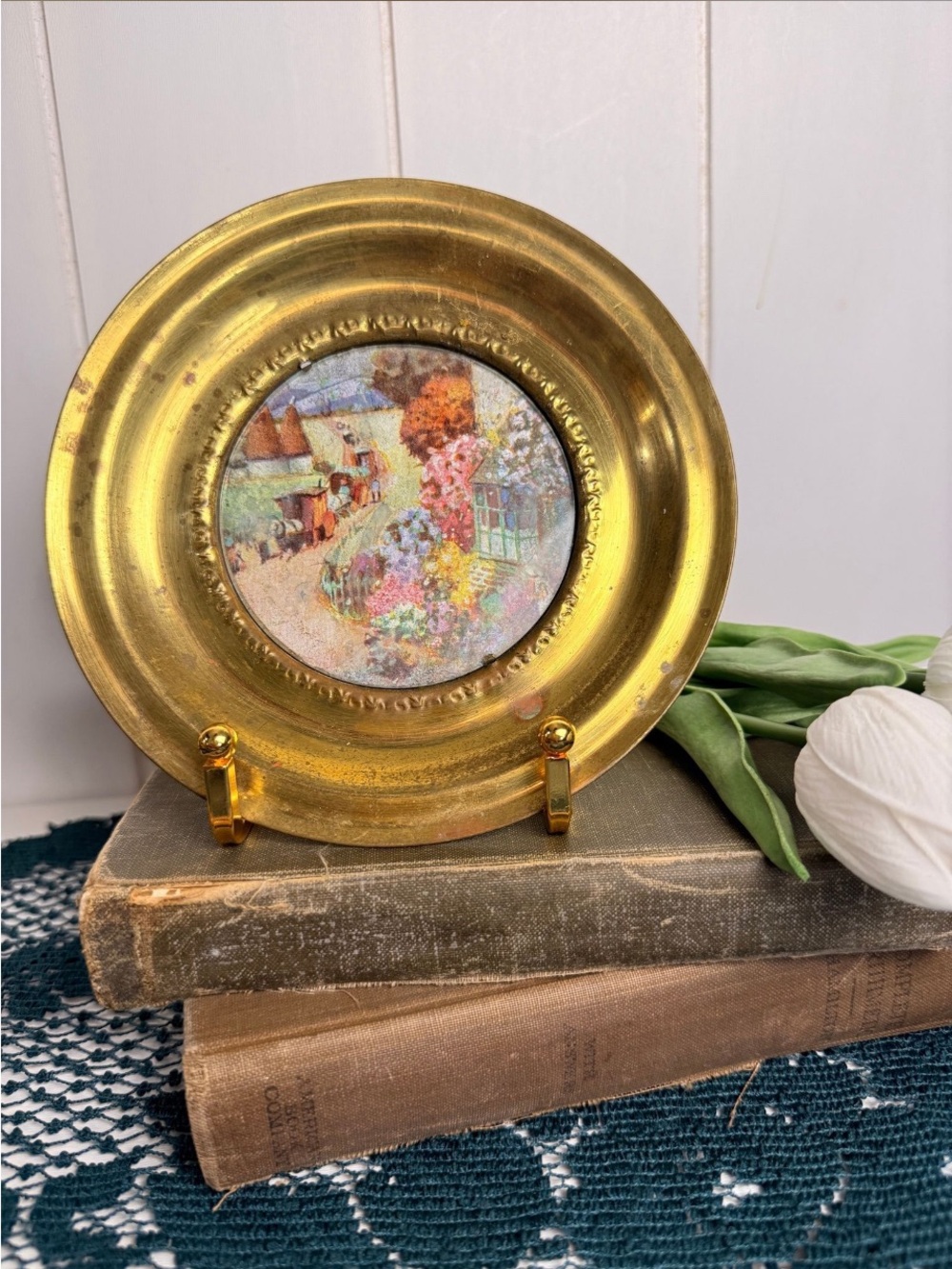 Brass Plate with Cottage Scene Foil Art